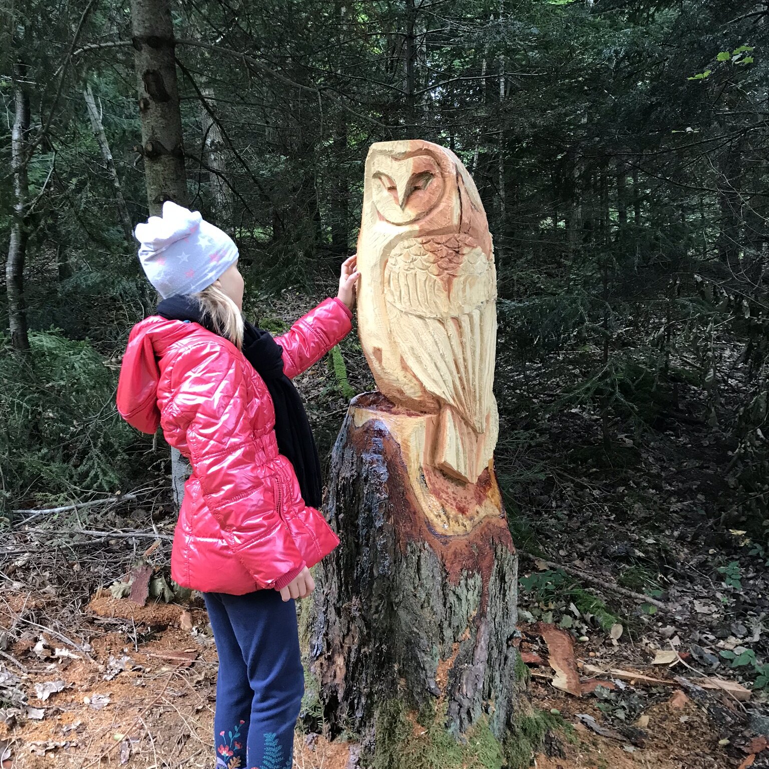 Kind mit Holzfigur am Walderlebnispfad