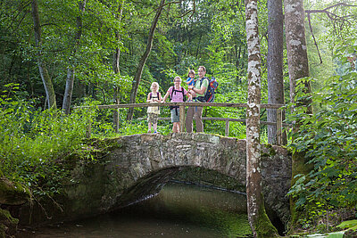 Familie steht auf einer Steinbrücke