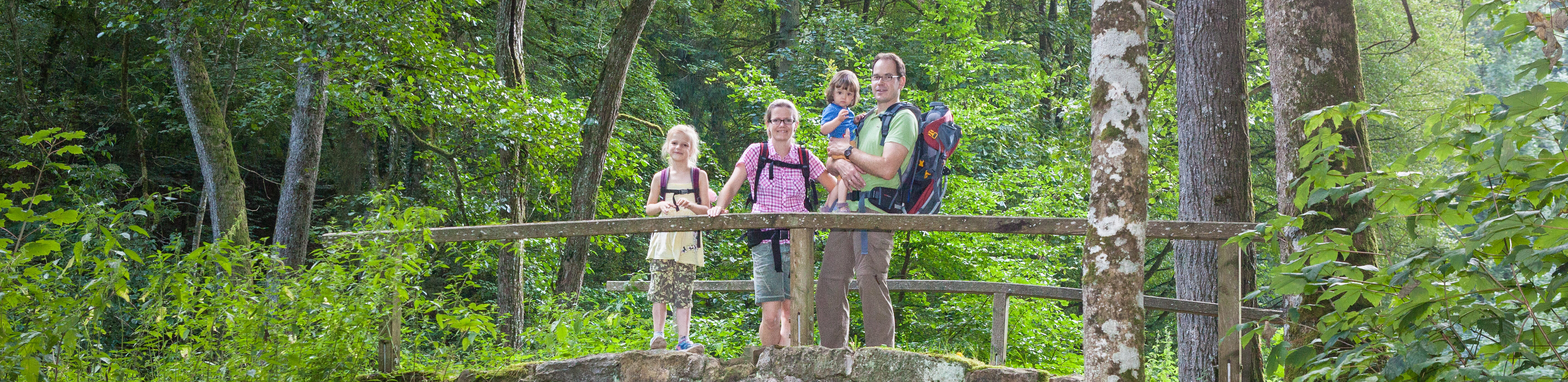 Familie mit Rucksäcken auf Brücke im Wald
