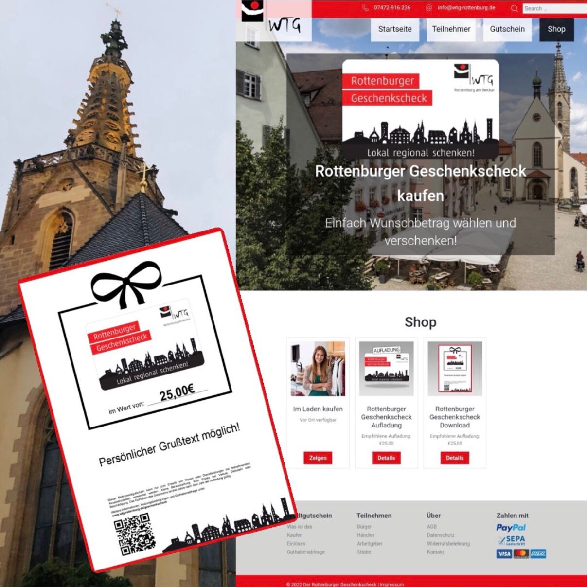 Bildschirmfoto vom Online Shop, Gutschein und im Hintergrund der Dom