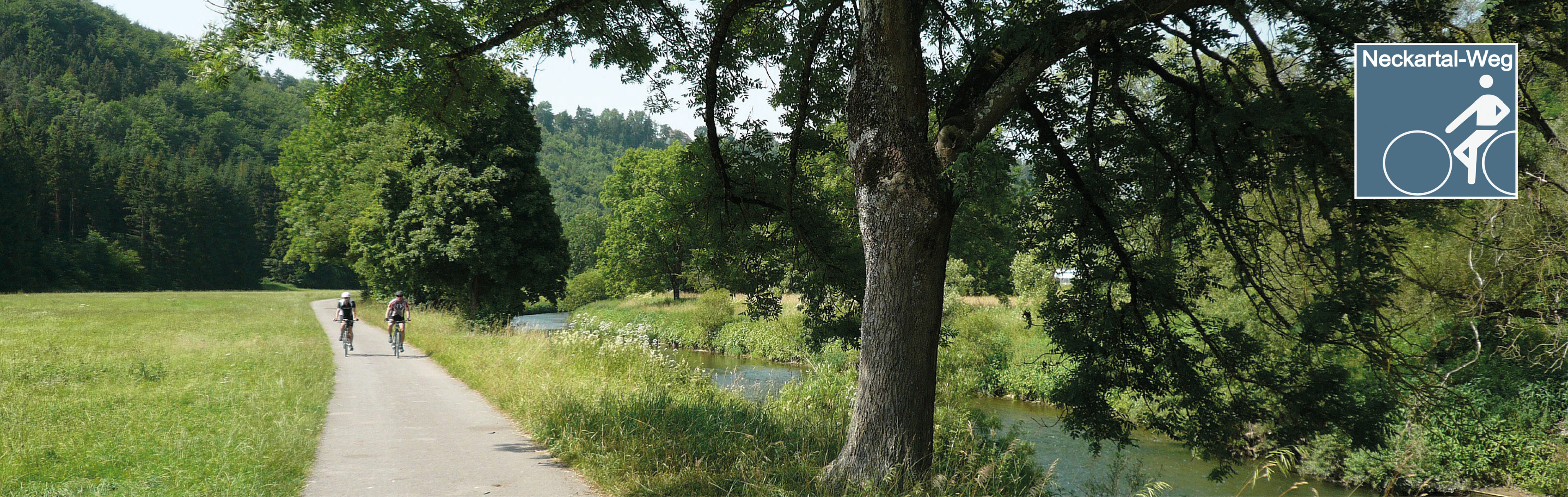 Zwei Radfahrer fahren entlang dem Fluss auf dem Neckartalradweg 